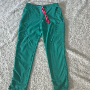 Figs Green Straight Leg Pants with Pink Drawstring
